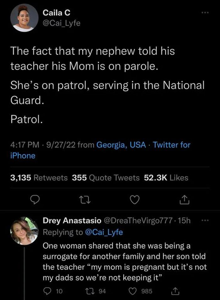 Funny tweets about kids’ misunderstandings, with a nephew confusing ‘parole’ and ‘patrol’ for a National Guard mom.