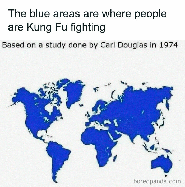 World map meme humorously showing areas where Kung Fu fighting occurs, based on a fictional 1974 study by Carl Douglas.