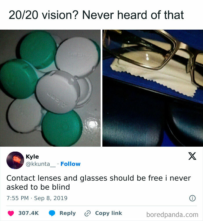 Contact lens case and glasses with a humorous tweet about vision.