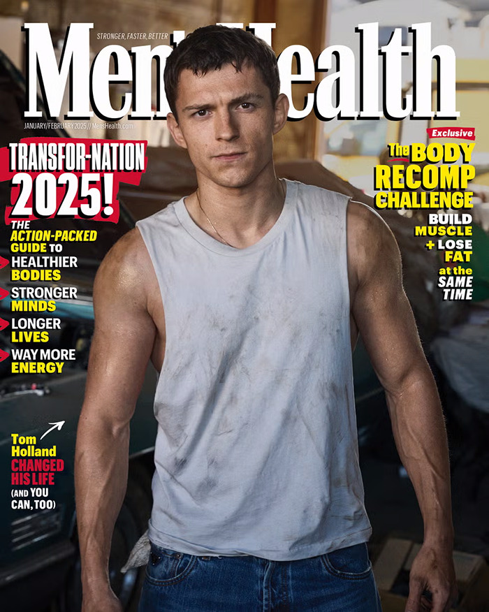 Tom Holland on Men's Health cover, wearing a white tank top and blue jeans, promoting a fitness challenge article.