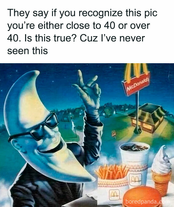 Moon character with sunglasses at McDonald's, iconic childhood memory for those near 40, with fries and drinks.