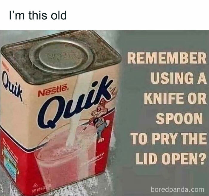 Vintage Nestle Quik tin with text asking if you remember using a knife or spoon to open the lid, evoking childhood memories.