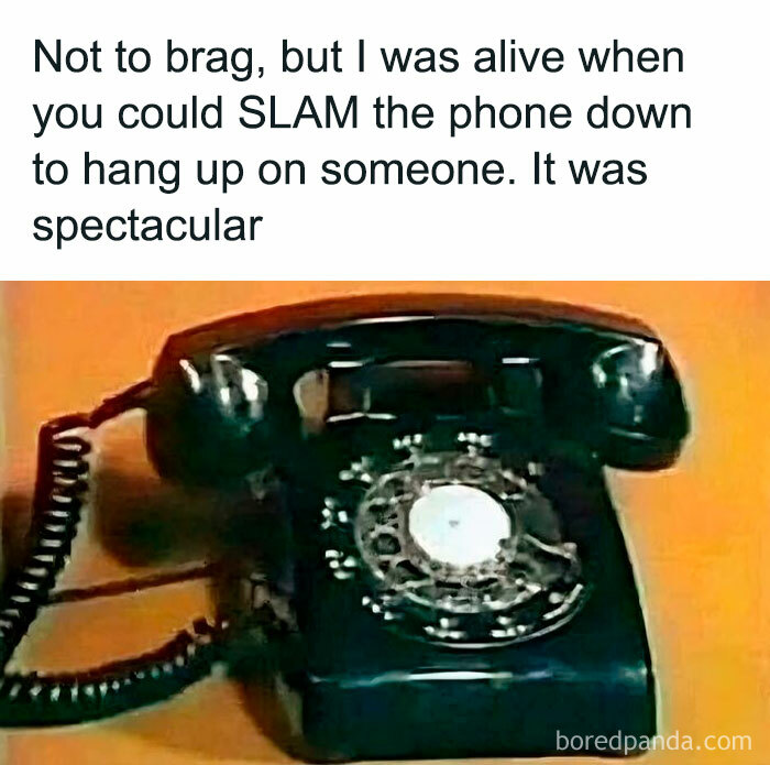 Vintage rotary phone with text about slamming it down, evoking childhood nostalgia.