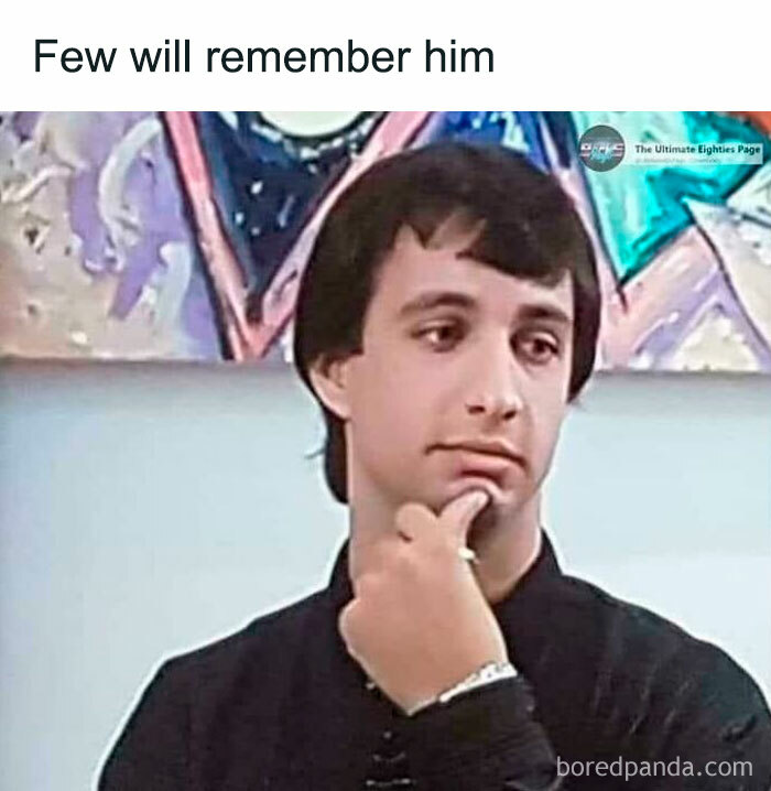 Man reminiscing about childhood, pondering in front of abstract painting, captioned "Few will remember him."