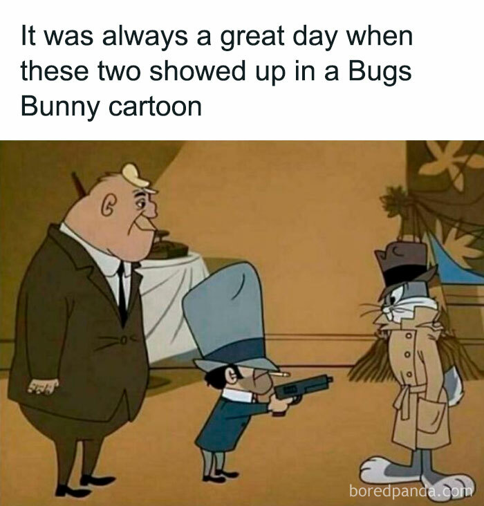 Childhood nostalgia with Bugs Bunny in a cartoon scene, featuring two characters in suits and hats.