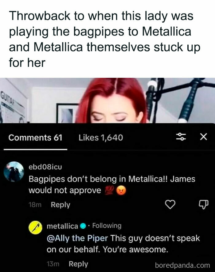 Red-haired woman reads hilarious memes with comments about bagpipes in Metallica, receiving support from Metallica.