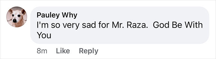 A comment expressing sadness for Mr. Raza, related to the American Airlines plane crash.