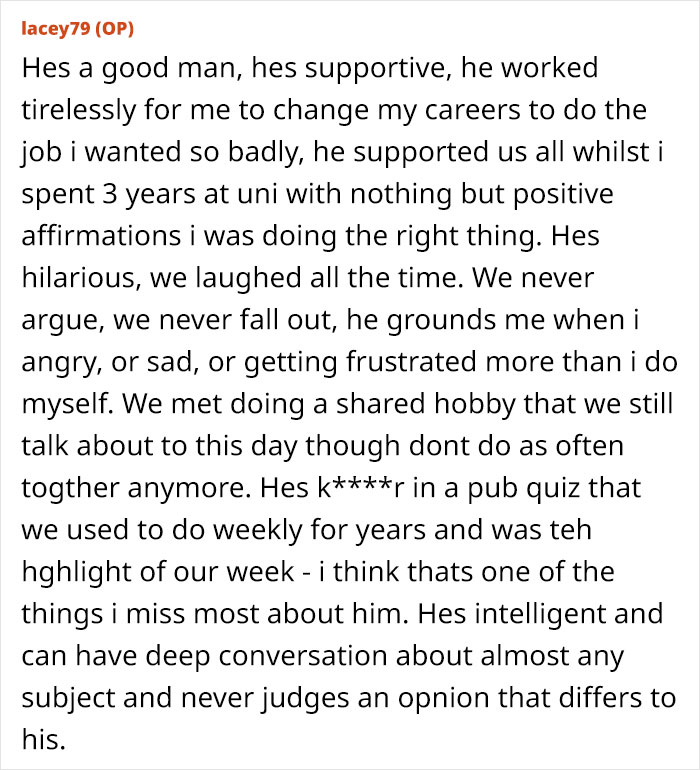 Text describing a supportive relationship, highlighting exhaustion due to boyfriend's snoring.