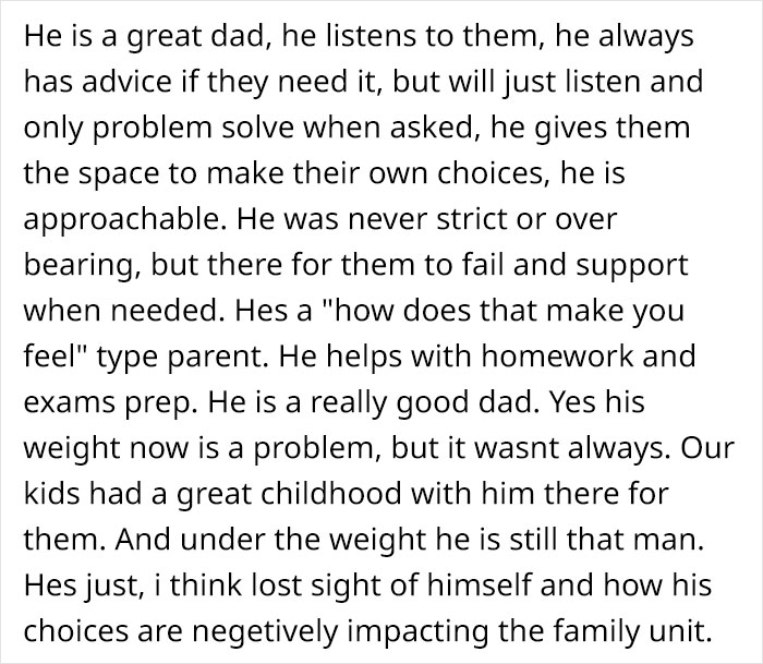 Text describing a supportive dad, despite issues with weight impacting the family.