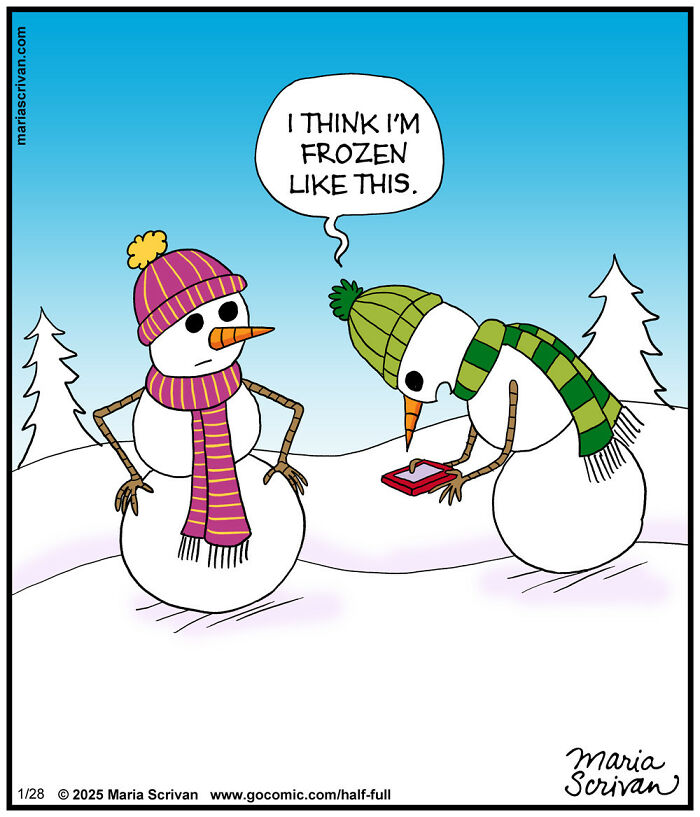 Two snowmen wearing hats and scarves, one holding a phone, sharing absurd humor.
