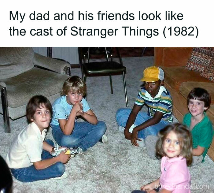 Nostalgic kids sitting on carpet, styled like Stranger Things 1982 cast.