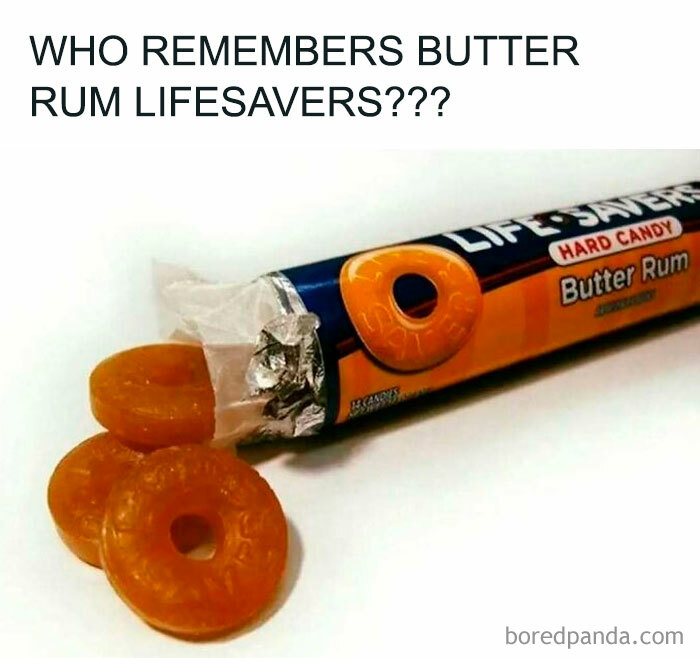 Nostalgic image of Butter Rum Lifesavers with three candies beside the opened wrapper.