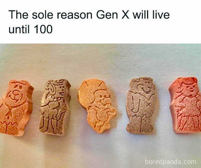 Nostalgic meme featuring Flintstones chewable vitamins labeled as the reason Gen X will live until 100.