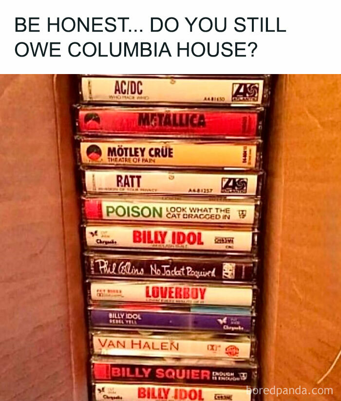 Nostalgic meme featuring a collection of vintage cassette tapes with classic rock bands.