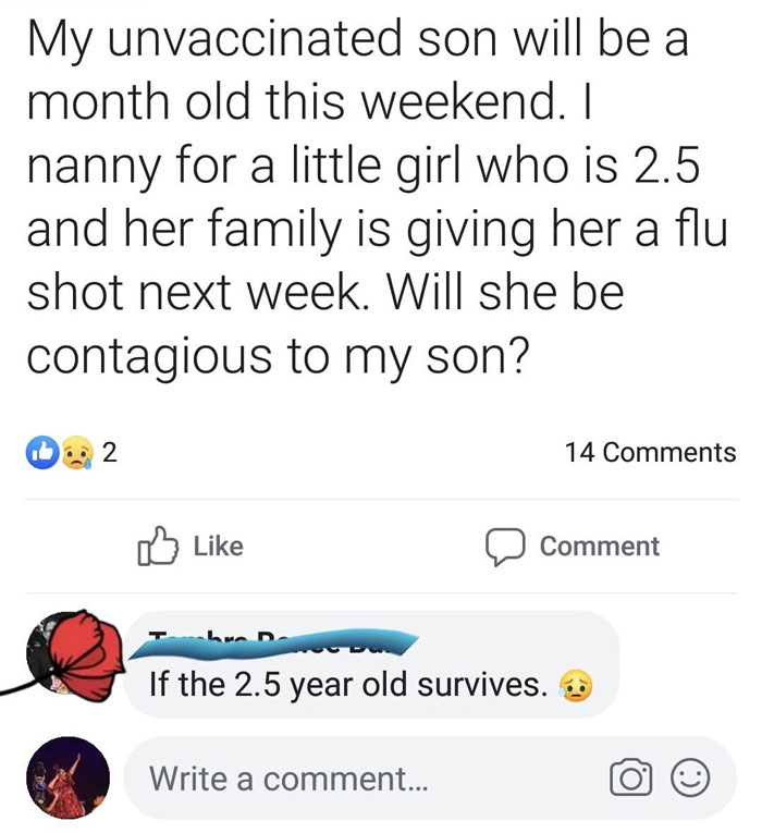 Social media post about vaccination concerns, featuring a question from a parent.