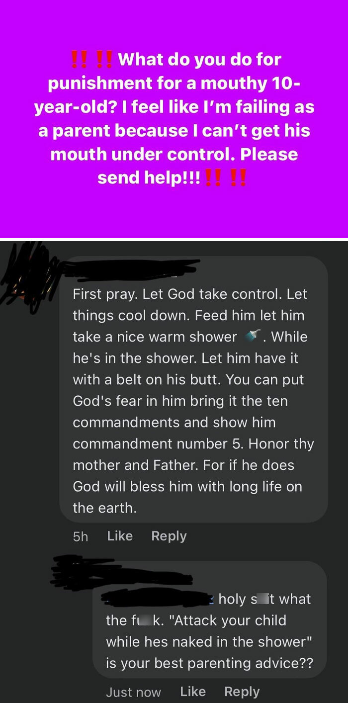 Text conversation about parenting advice with controversial comments; parents seeking help for handling a disrespectful child.
