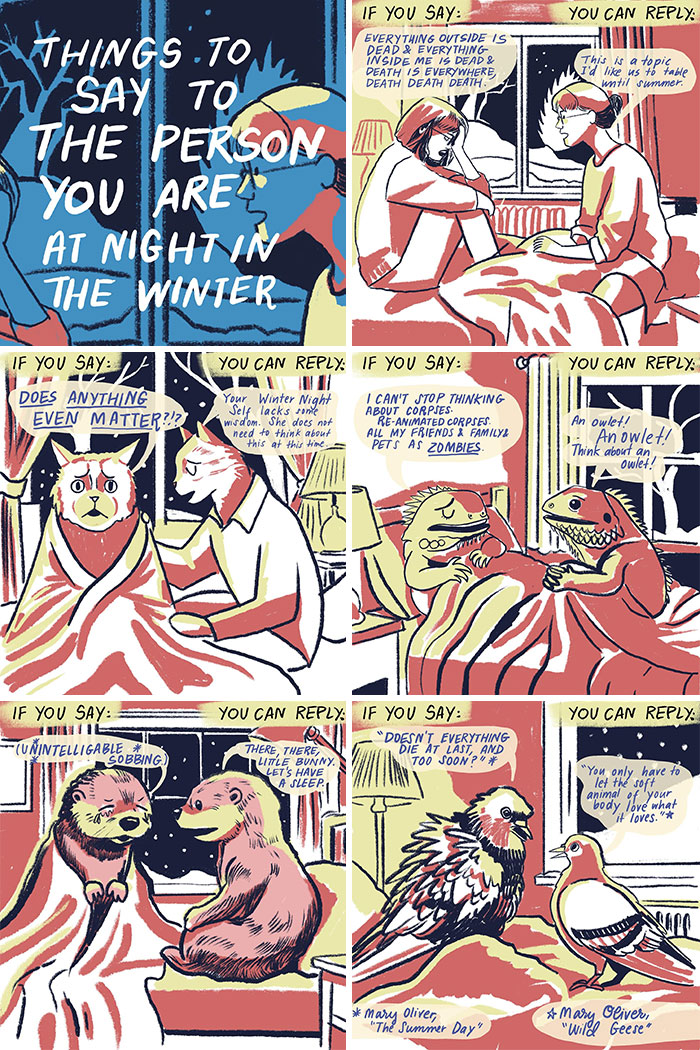 Illustration by Sophie Lucido Johnson inspiring slowing down and enjoying simple moments with cozy winter conversations.