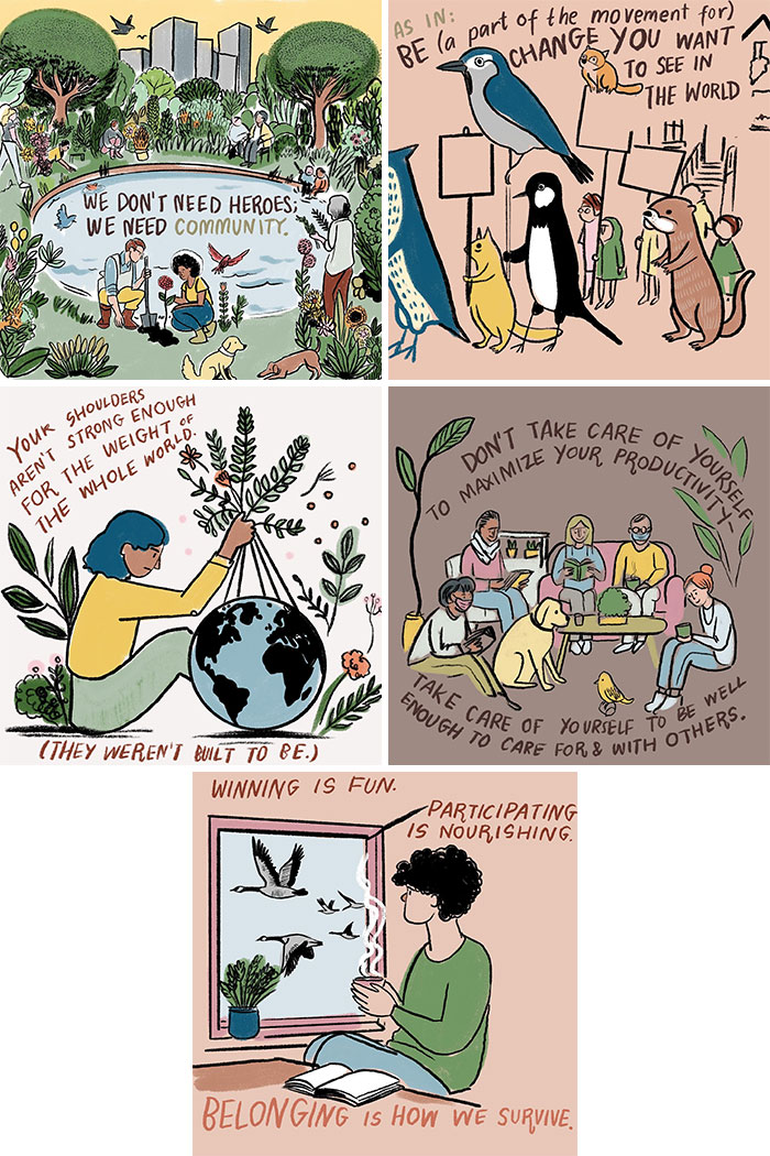 Illustrations by Sophie Lucido Johnson depicting themes of community, self-care, and appreciating simple moments.