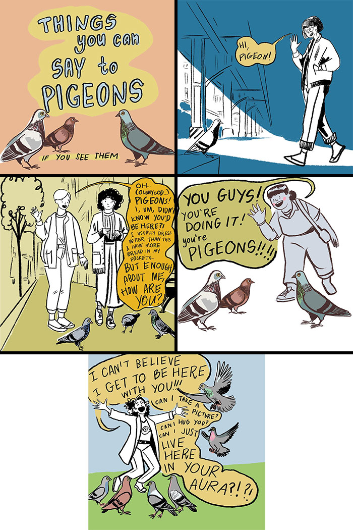 Illustration by Sophie Lucido Johnson featuring playful interactions with pigeons, inspiring slowing down and enjoying simple moments.