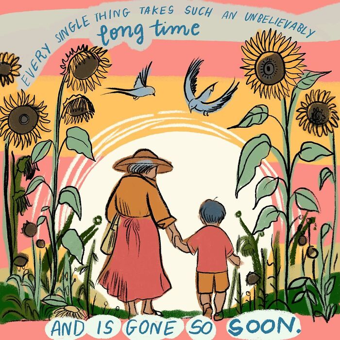 Illustration by Sophie Lucido Johnson of a person and child walking among sunflowers, promoting slowing down and enjoying life.
