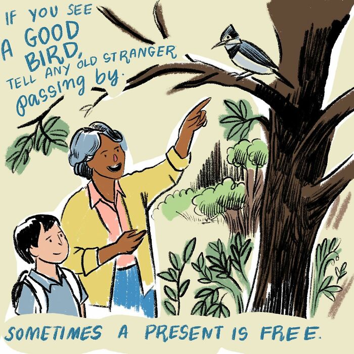 Illustration of people enjoying nature by watching a bird in a tree, promoting slowing down and enjoying simple pleasures.