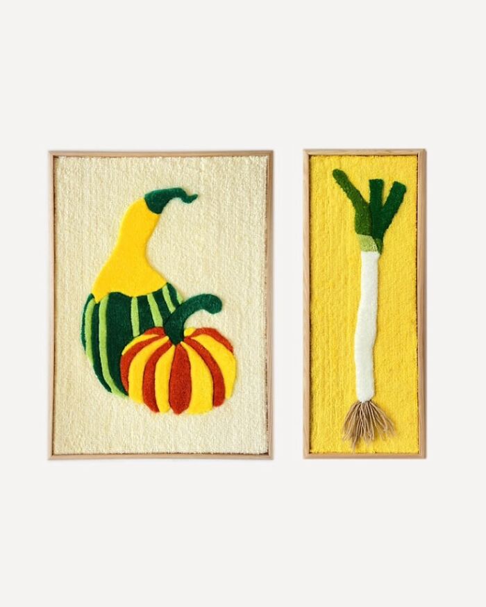 Tufted artwork featuring colorful gourds and a leek by Cléa Delogu.