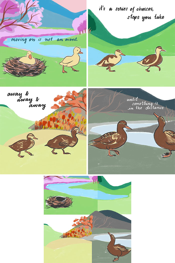 Illustration by Sophie Lucido Johnson of ducks in nature, depicting the journey of slowing down and enjoying simple moments.