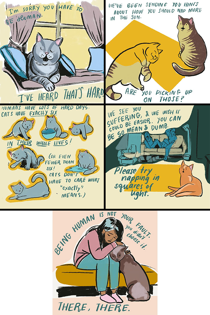 Illustrations by Sophie Lucido Johnson depict cats and a comforting scene, inspiring slowing down and enjoying simple moments.