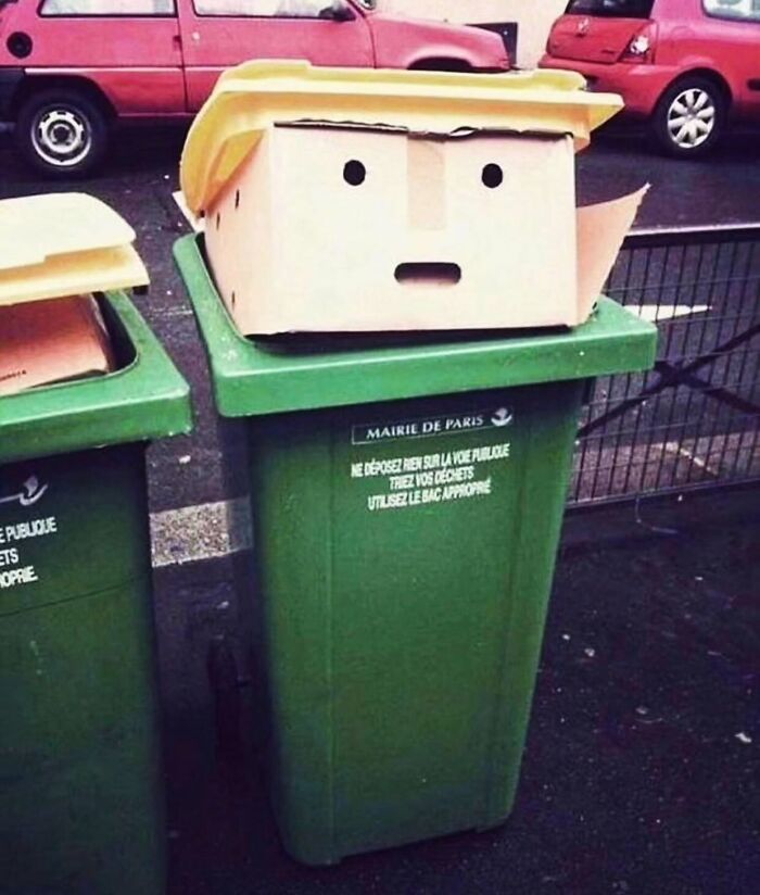 Cardboard box resembling a face on a green trash bin, showcasing a creative moment in street photography.