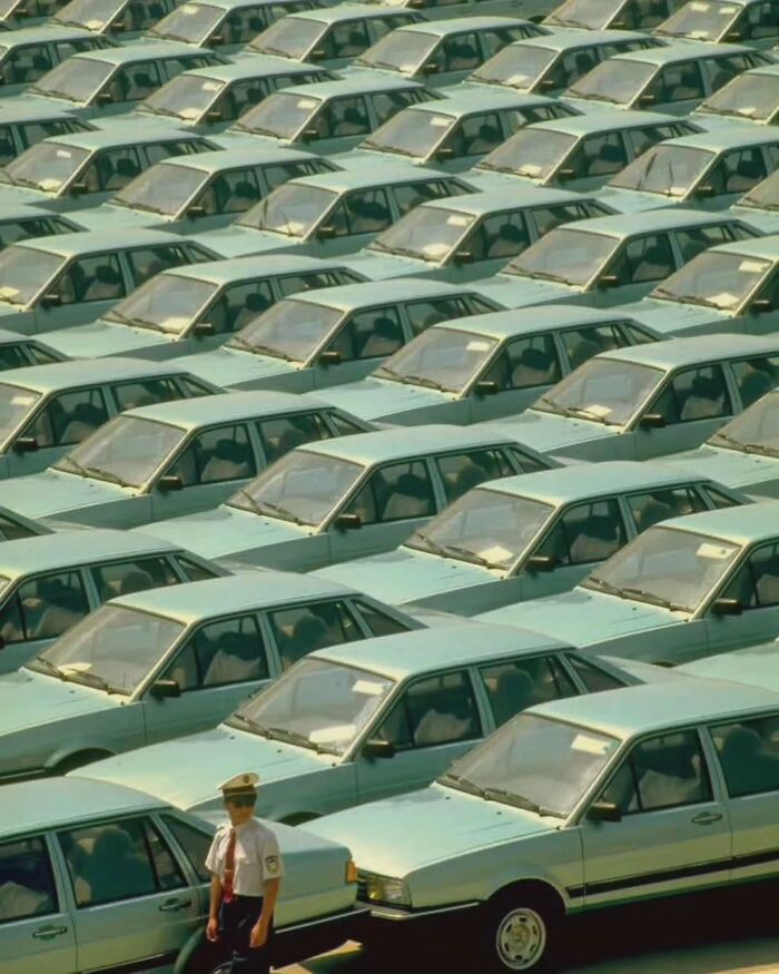 Uniformed officer walks through rows of identical parked cars, showcasing captivating street photography.