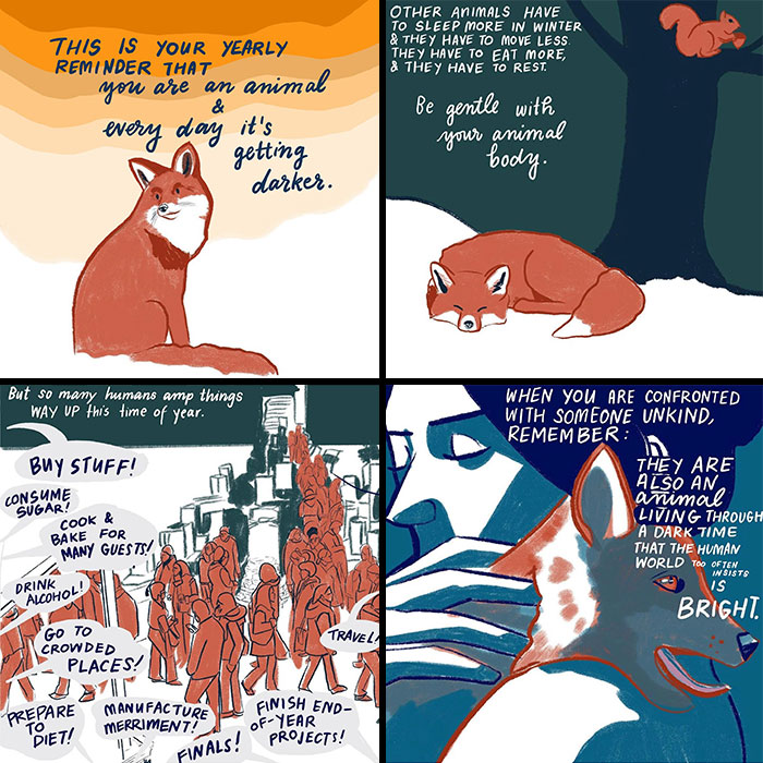 Illustrations by Sophie Lucido Johnson encouraging slowing down, featuring animals and people amidst busy end-of-year activities.