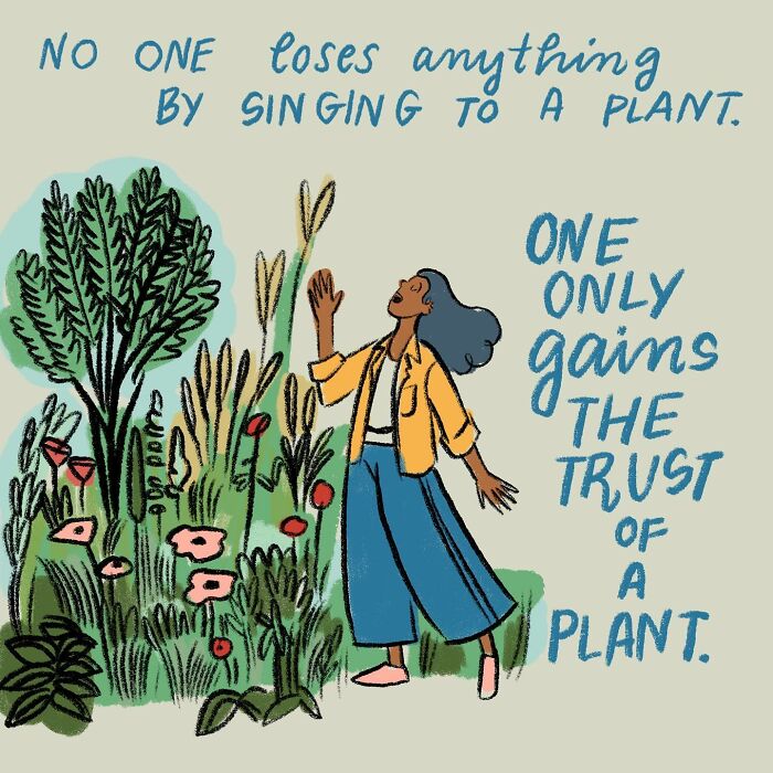 Woman sings to plants, promoting slowing down and enjoying simple stuff, by Sophie Lucido Johnson.