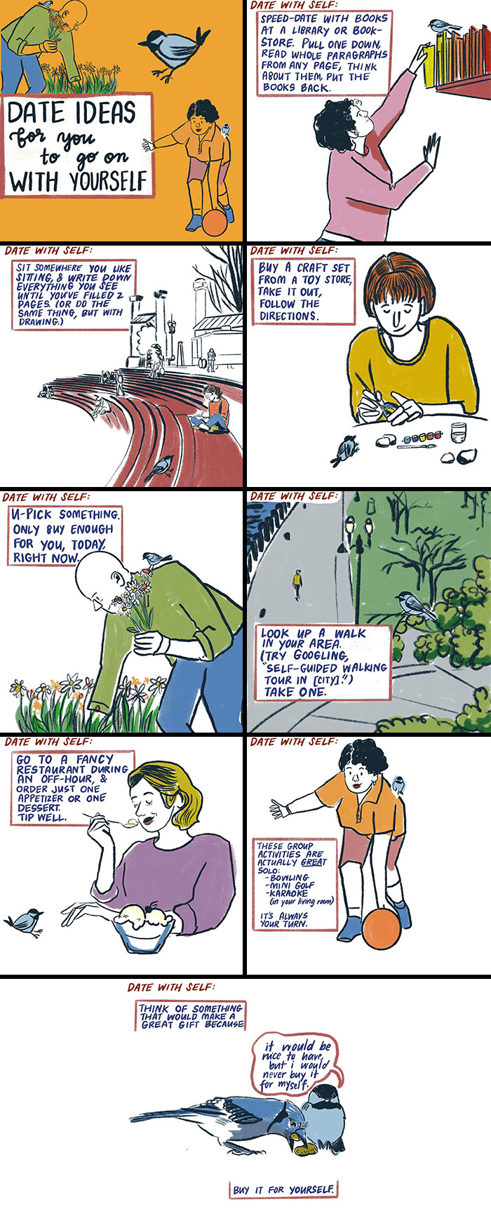 Illustration by Sophie Lucido Johnson depicting relaxing activities like reading, painting, and nature walks.