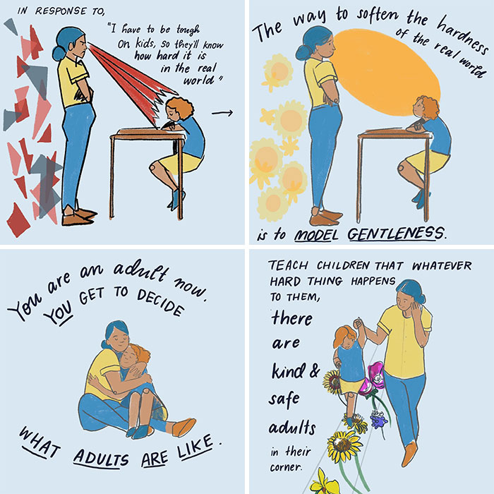 Illustration by Sophie Lucido Johnson showing adults modeling gentleness and kindness to children.