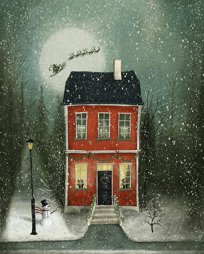 Whimsical illustration of a snowy night with a red house, snowman, and sleigh flying across the moonlit sky.