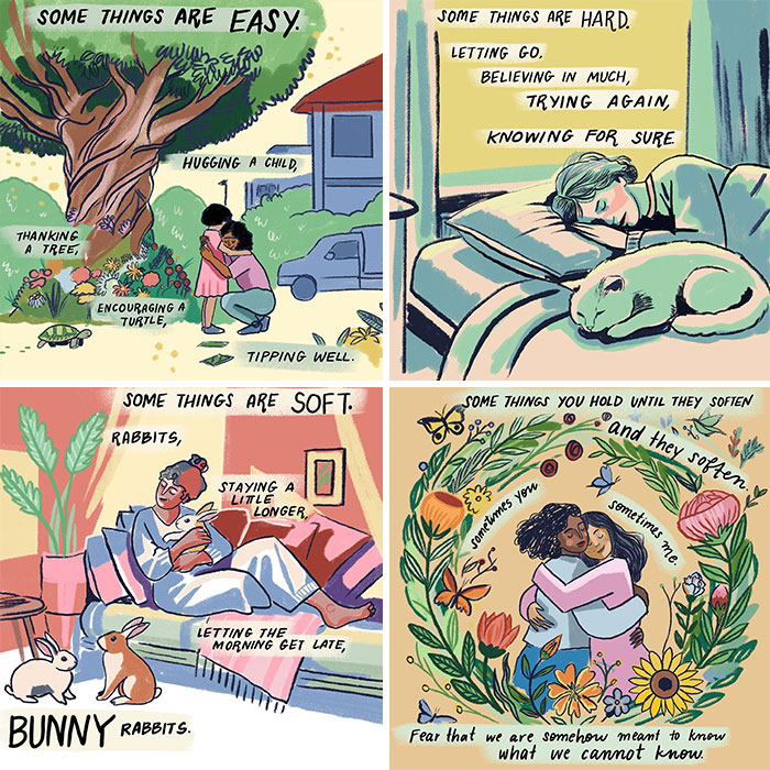 Illustrations by Sophie Lucido Johnson show embracing simple joys like resting, hugging, and appreciating nature.