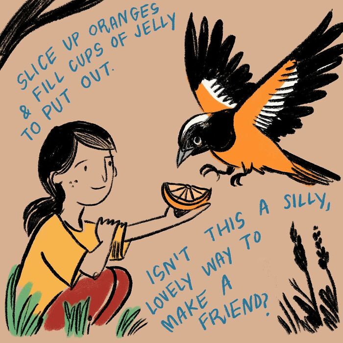 Illustration of a person offering an orange slice to a bird, inspiring enjoyment of simple moments.