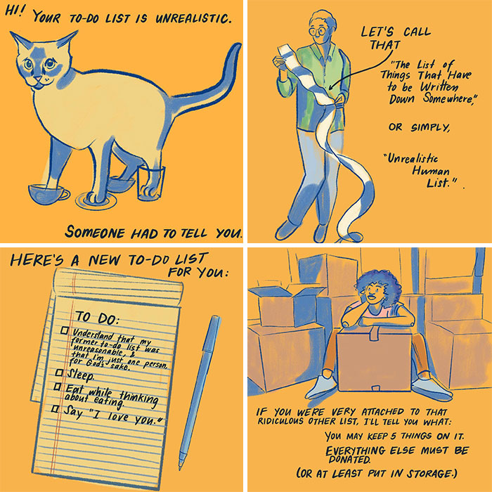 Illustration by Sophie Lucido Johnson showing a humorous take on simplifying to-do lists, with a cat and a person surrounded by boxes.