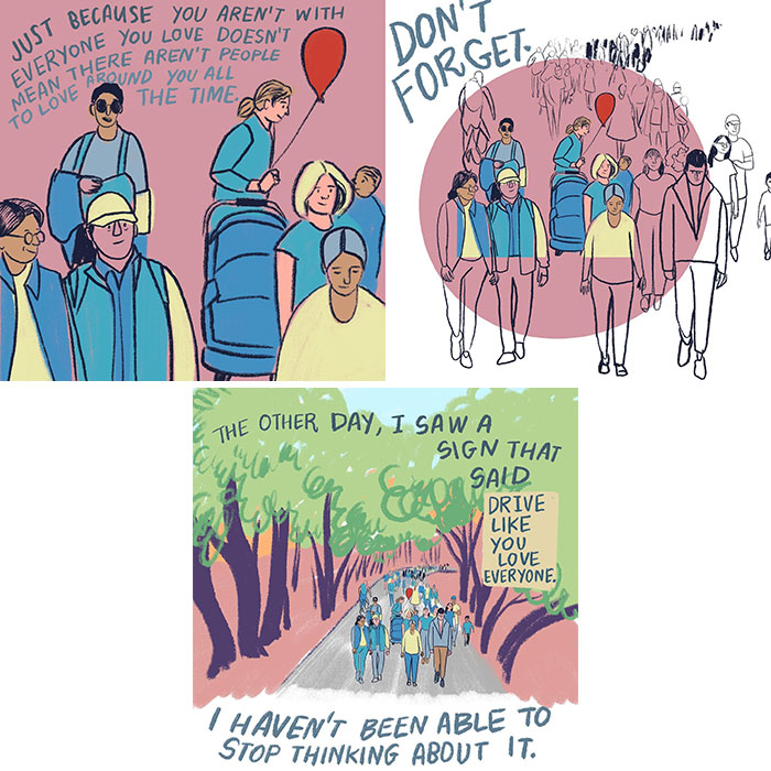 Illustrations by Sophie Lucido Johnson encouraging slowing down and appreciating simple moments in life.