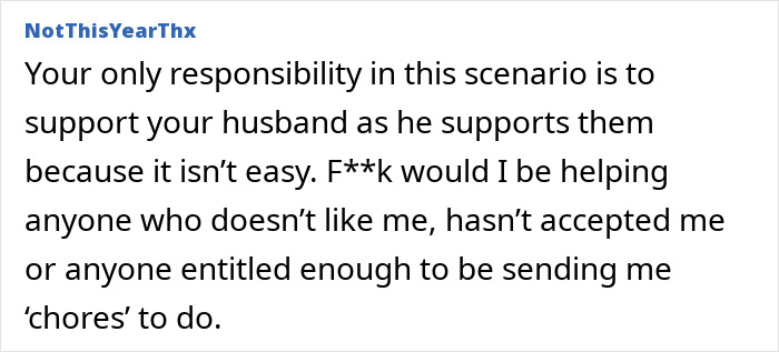 Text expressing refusal to help elderly in-laws who were disrespectful to the son's wife.