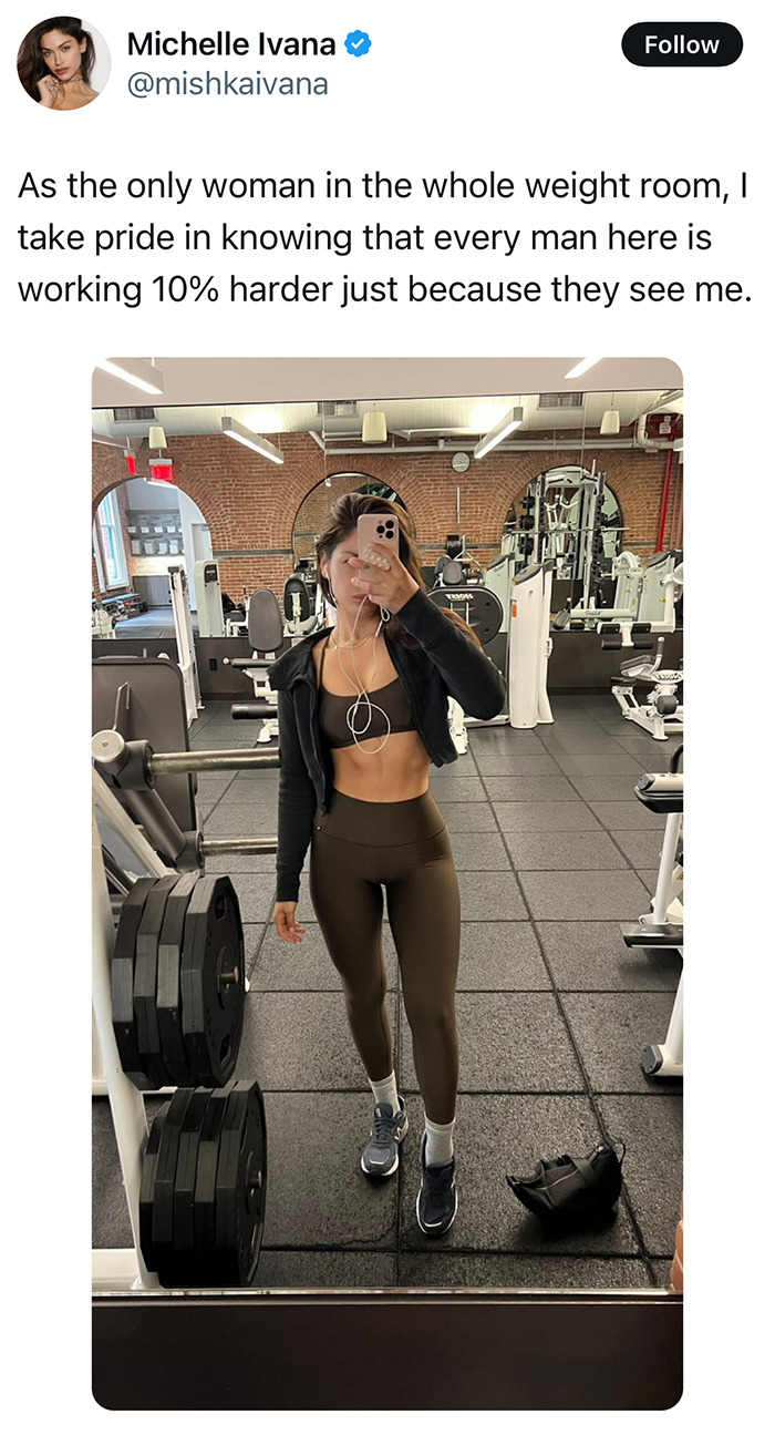 Woman taking selfie in gym, wearing workout clothes, surrounded by weights; emphasizing trend shift from influencers.