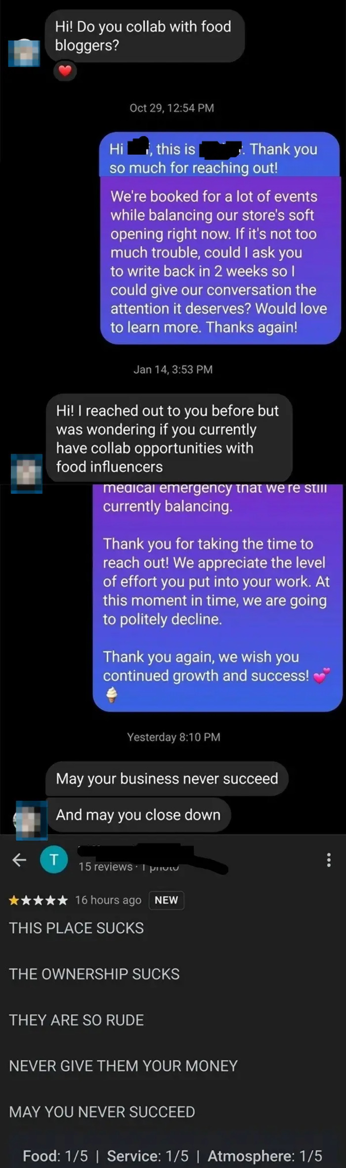 Negative text exchange highlighting reasons to move away from influencers in 2024.