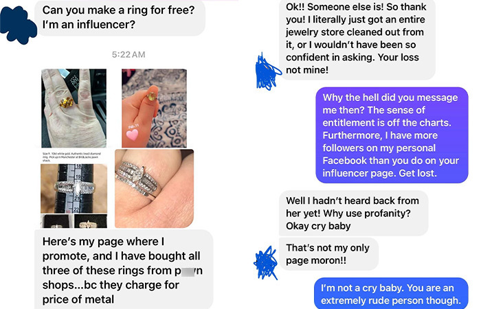 Text exchange about influencers, highlighting entitlement and criticism with jewelry images.