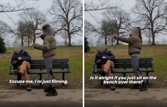 Two people interacting on a park bench, demonstrating why influencers may be problematic in 2024.