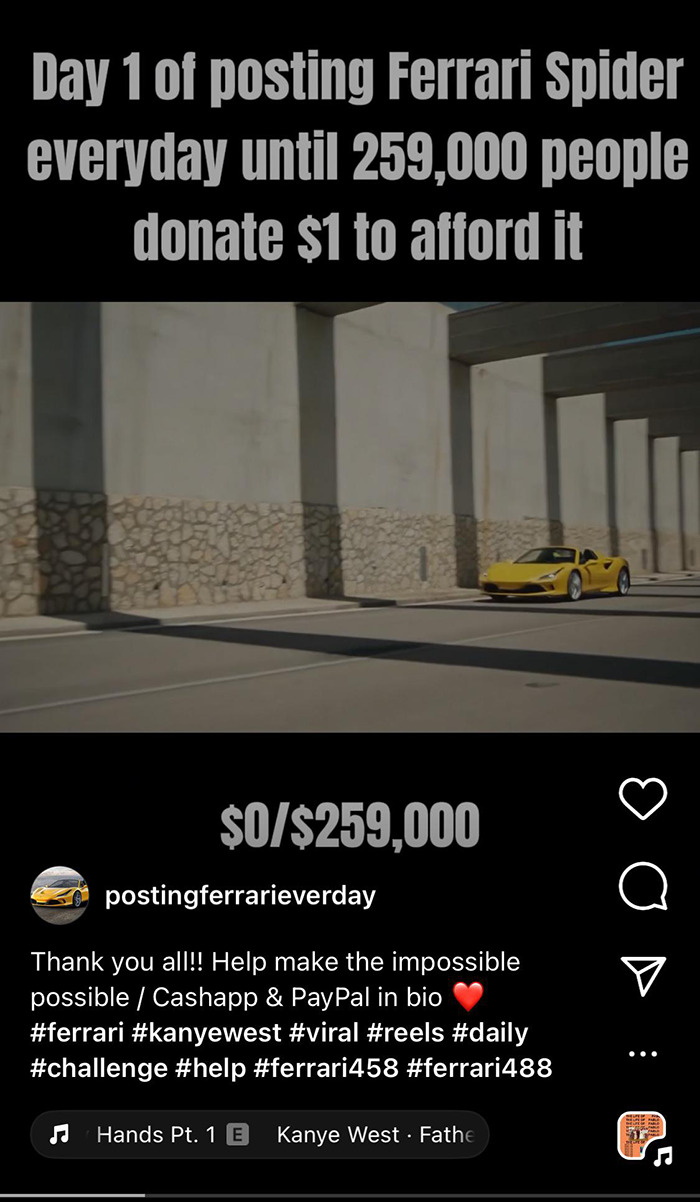 Yellow Ferrari Spider in a challenge post to raise funds, showcasing why we’re done with influencers.