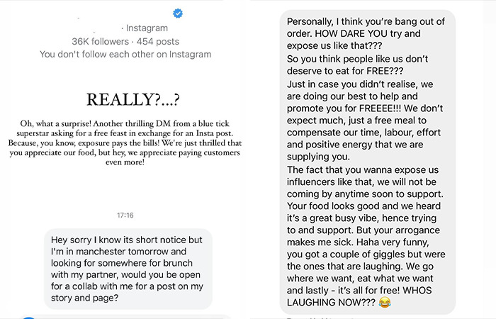 Instagram DM exchange highlighting influencer criticism in 2024, showcasing a request for free meals in exchange for posts.