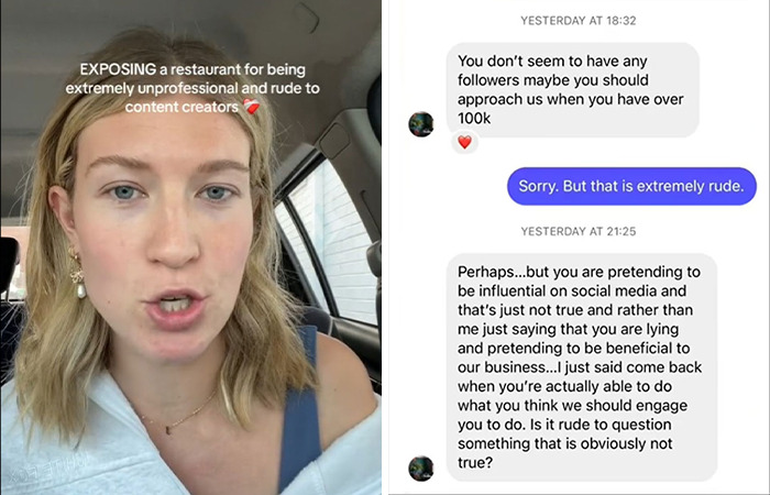 Young woman exposing rude restaurant behavior to influencers, with social media message screenshots.