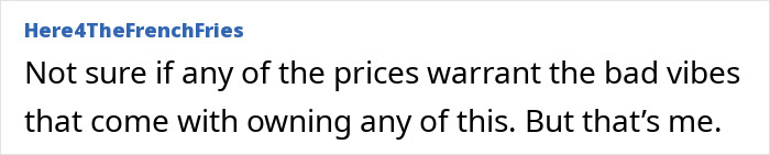 Text from a user expressing doubt over prices and associated negativity.