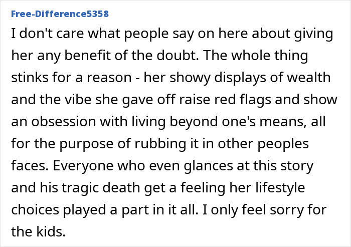 Text criticizing luxury influencer for showy wealth amid personal tragedy.