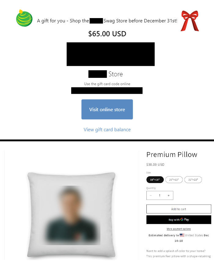 Gift card and pillow as company gifts and bonuses.